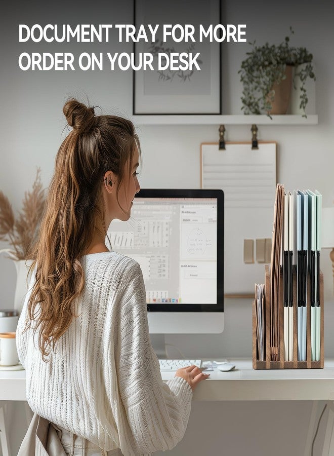 KIRIGEN Wooden Desk Mail Organizer 5 Slots File Paper Holder Desktop Wood Document Letter Holder Organizer for Home Office Dark Brown (5KWJJ-DBR) - Image 4
